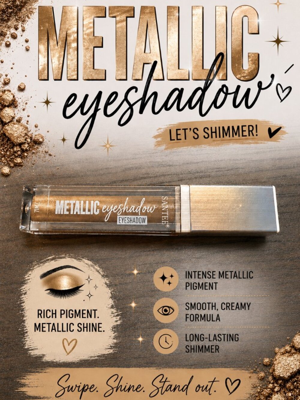Santee Metallic Liquid Eyeshadow Shimmer Sparkle Gold Lust ST486 NEW